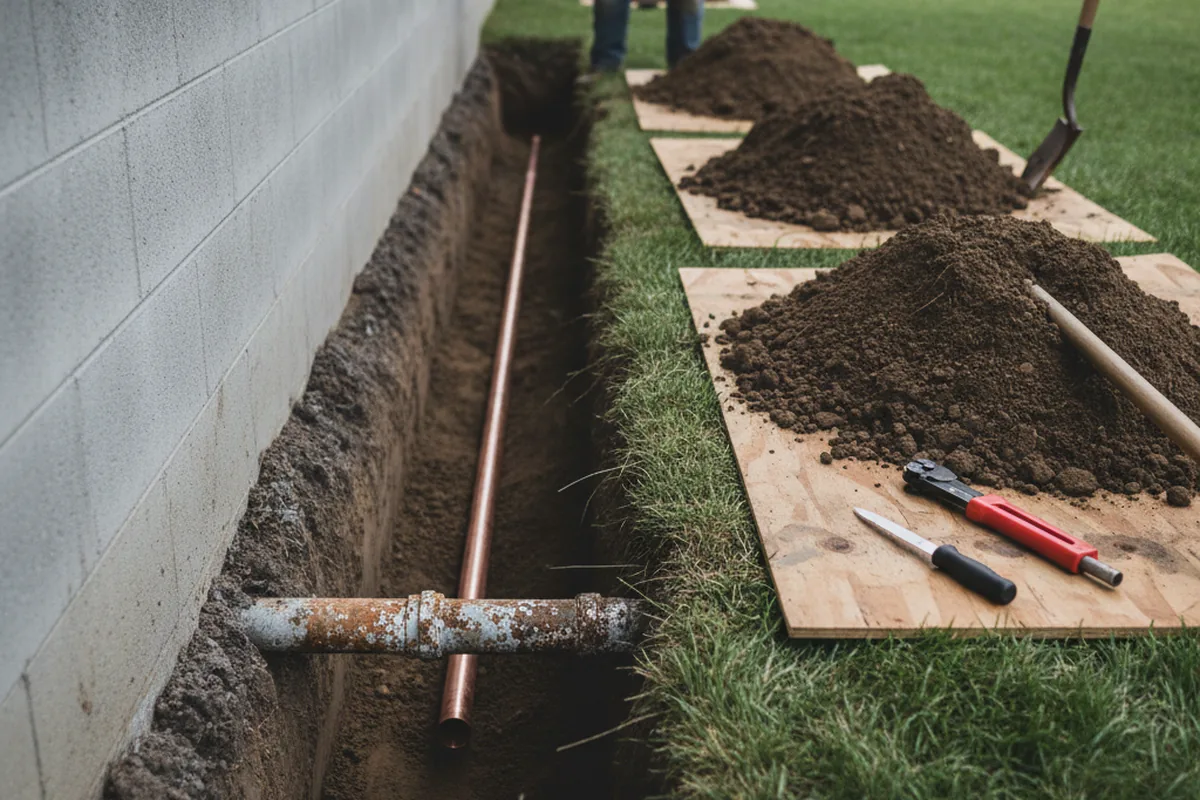 Excavated water line trench during Sewer Line Repair in Melcroft